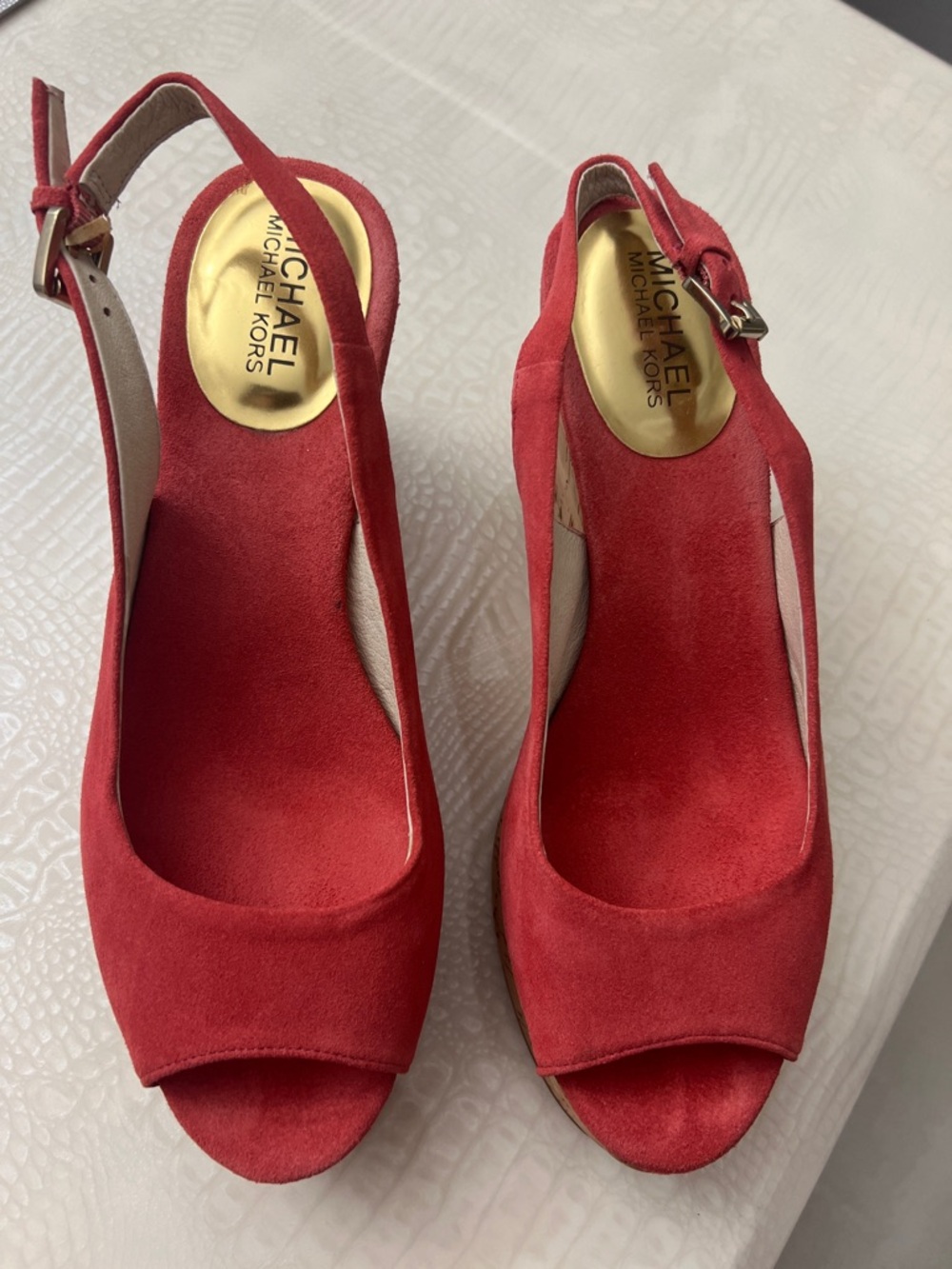 Michael Kors coral Suede Open-Toe Slingback Wedges